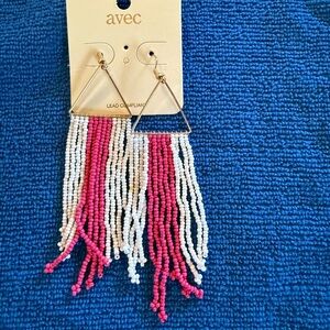 Avec Pink & White Beaded Fringe Triangle Earrings